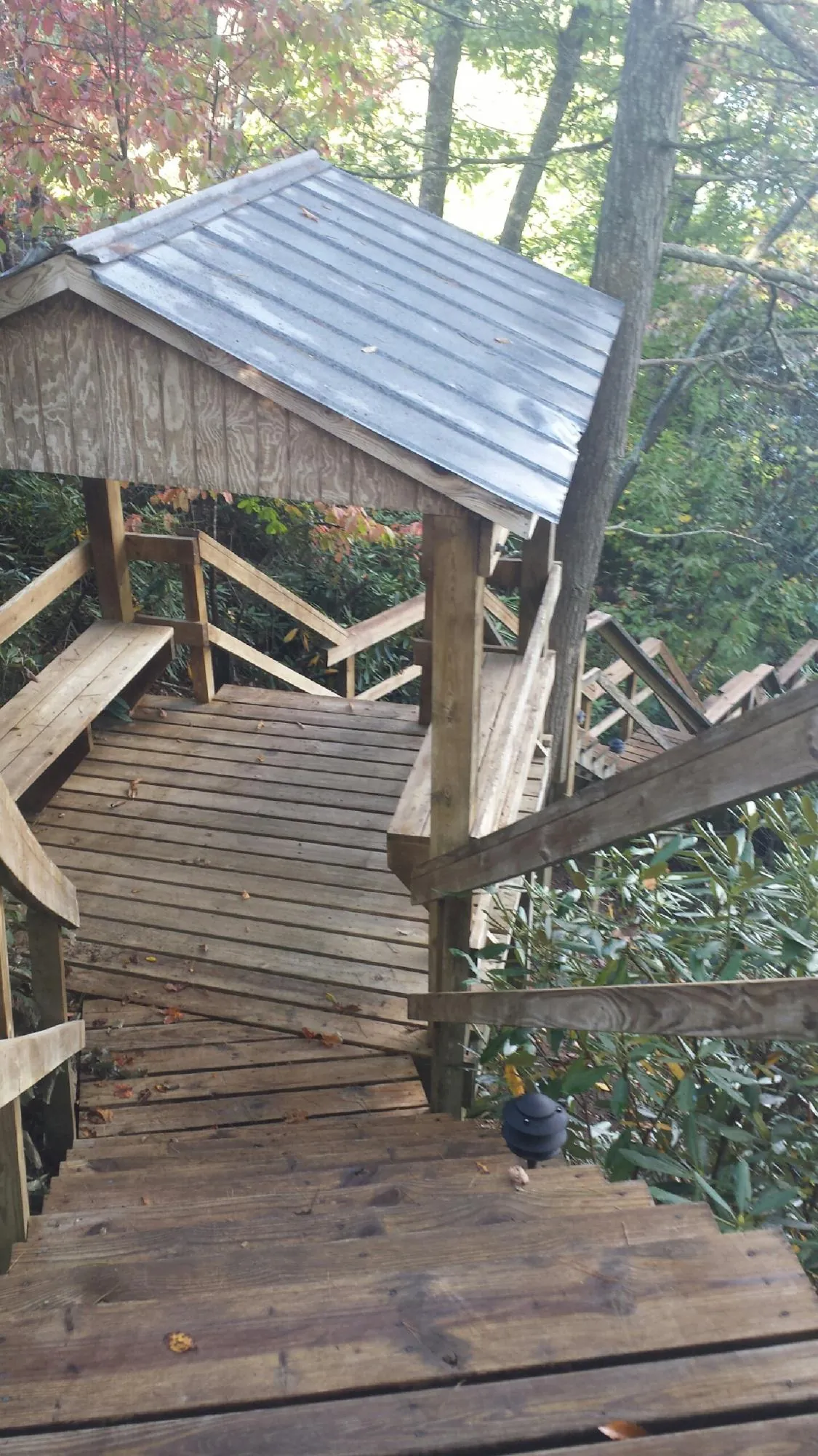 Metal roofed shelter over wooden steps on a wooded walkway — Skylight Repair & Installation work by our crew in Astoria